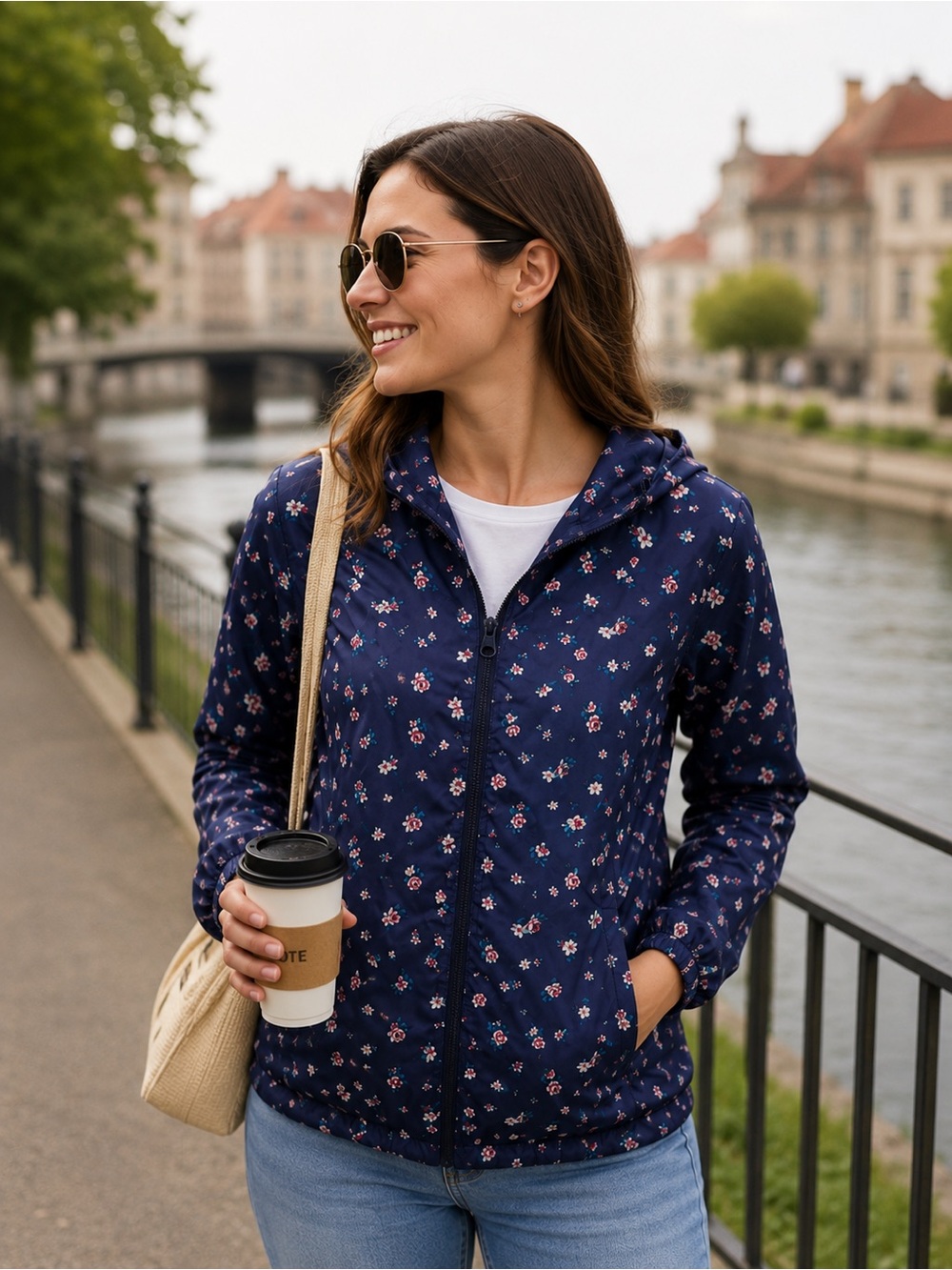 Navy Floral Hooded Zip RainJacket